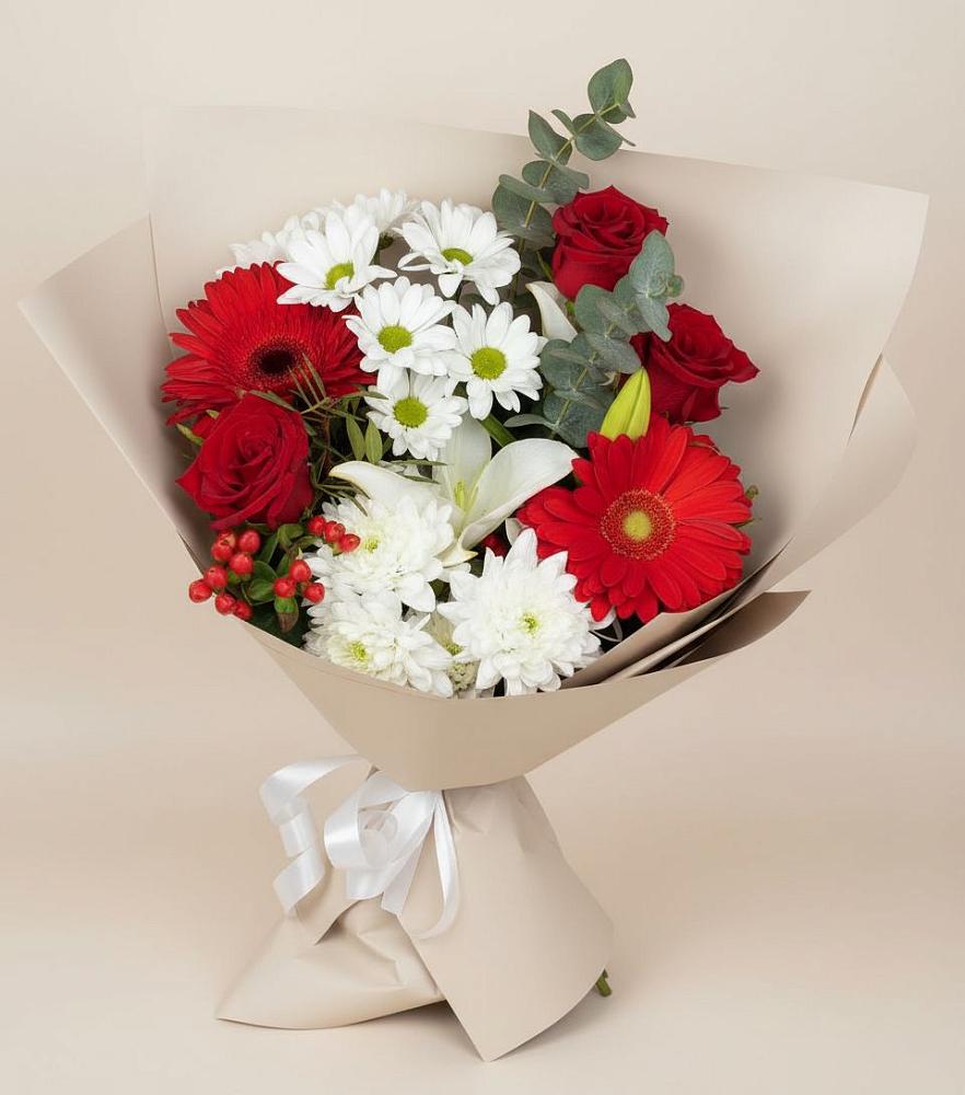Букет цветов из: Розы, Хризантемы, Герберы и Лилии в Беловское