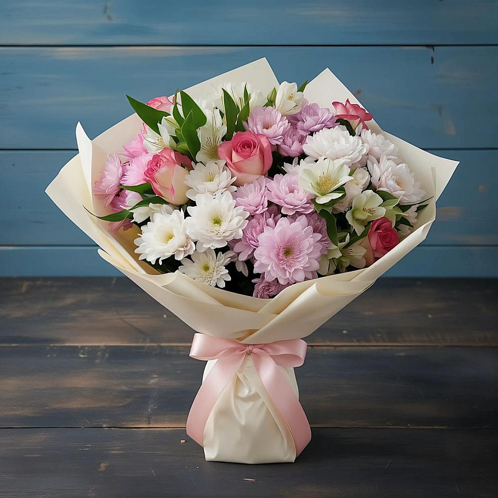 Букет цветов из: Хризантемы, Альстромерии и Розы в Беловское